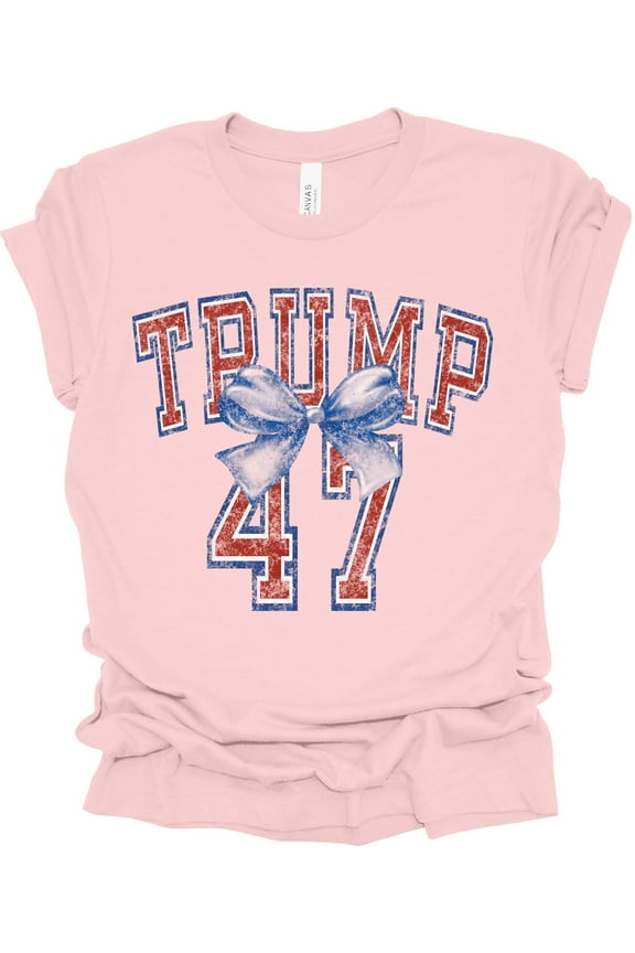 Womens Trump 47 American Flag Bow Trump Ladies Short Sleeve T-shirt-Light Pink-medium