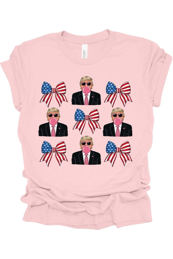 Womens Trump Blowing Bubble American Flag Bows Trump Ladies Short Sleeve T-shirt-Light Pink-xxxl