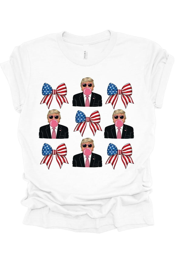 Womens Trump Blowing Bubble American Flag Bows Trump Ladies Short Sleeve T-shirt-White-xxxl