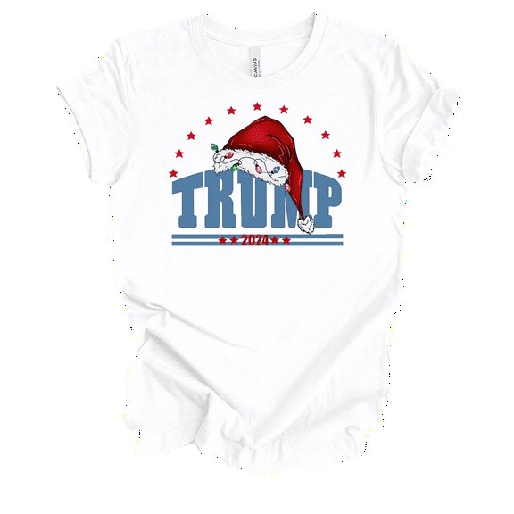Trenz Shirt Company Womens Trump Christmas Santa Hat 2024 Stars Short Sleeve T-Shirt-White-X-Large