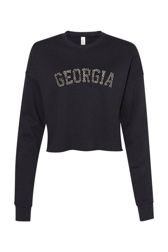 Womens UGA Football Georgia Leopard Print Crop Crew Fleece-Black-xl