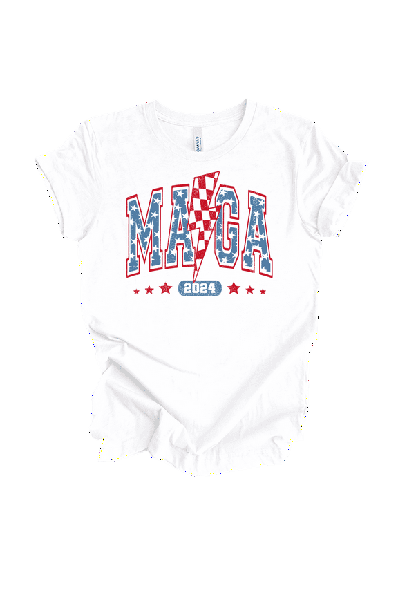 Womens Vintage Trump MAGA 2024 Lightning Short Sleeve T-Shirt-White-XX-Large