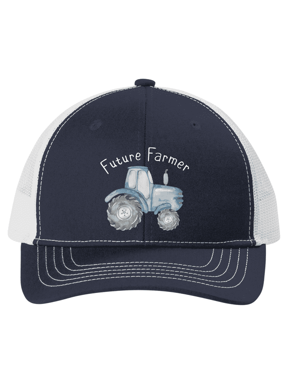 Youth Boys Farmer Hat - Future Farmer Blue Tractor Embroidered Mesh Back Trucker Hat for Kids, Navy/White