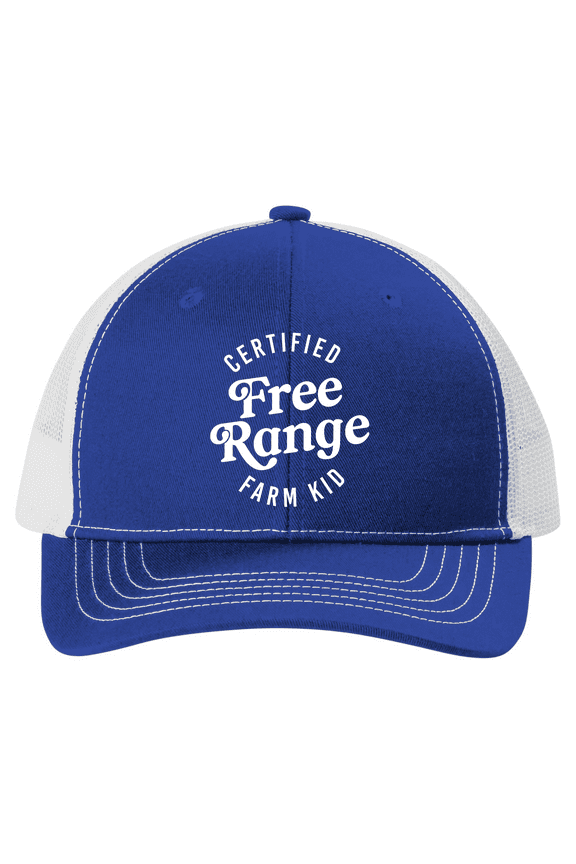 Youth Boys Free Range Farm Kid Trucker Hat – Embroidered Mesh Back Farmer Hat, Farm Boy Style, Royal/White