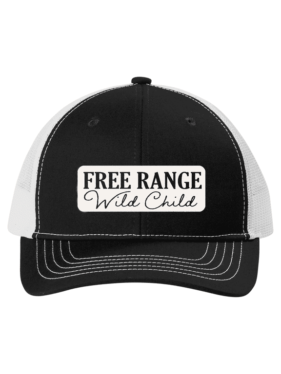 Youth Boys Free Range Wild Child Farmer Hat – Mesh Back Trucker Cap for Kids, Youth Farmer Hat, Black/White