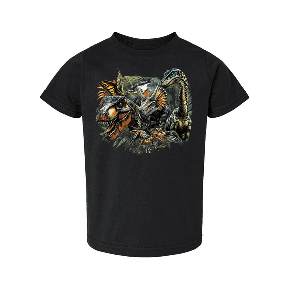 Trenz Shirt Company Youth Boys Graphic T-Shirt - T-Rex, Velociraptor, Brachiosaurus, Triceratops, Pterodactylus In Jungle Design-Black-5/6