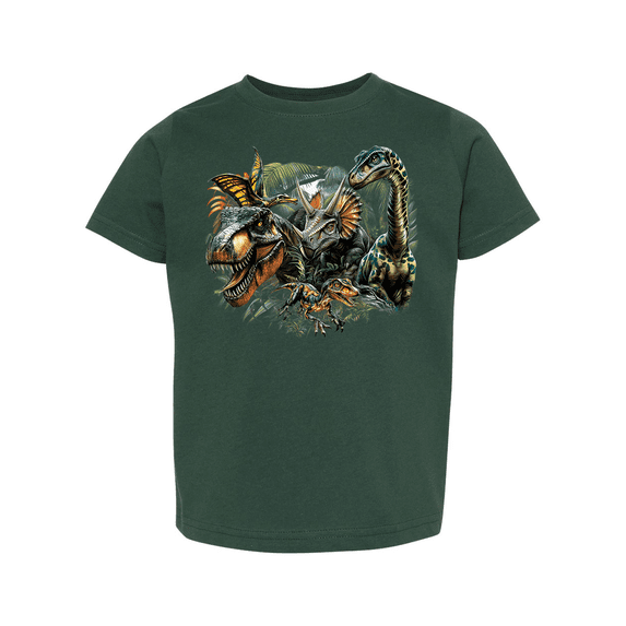 Trenz Shirt Company Youth Boys Graphic T-Shirt - T-Rex, Velociraptor, Brachiosaurus, Triceratops, Pterodactylus In Jungle Design-Forest-3t