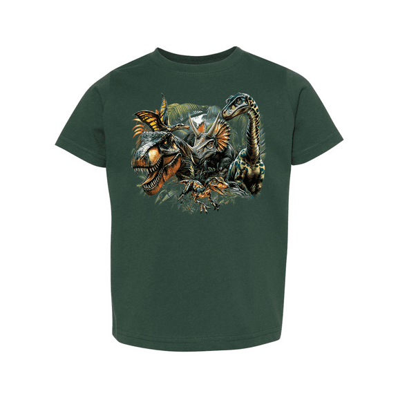 Trenz Shirt Company Youth Boys Graphic T-Shirt - T-Rex, Velociraptor, Brachiosaurus, Triceratops, Pterodactylus In Jungle Design-Forest-5/6