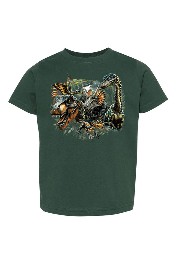 Youth Boys Graphic T-Shirt - T-Rex, Velociraptor, Brachiosaurus, Triceratops, Pterodactylus In Jungle Design-Forest-5/6