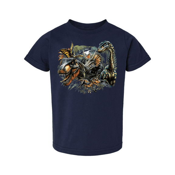 Trenz Shirt Company Youth Boys Graphic T-Shirt - T-Rex, Velociraptor, Brachiosaurus, Triceratops, Pterodactylus In Jungle Design-Navy-4t