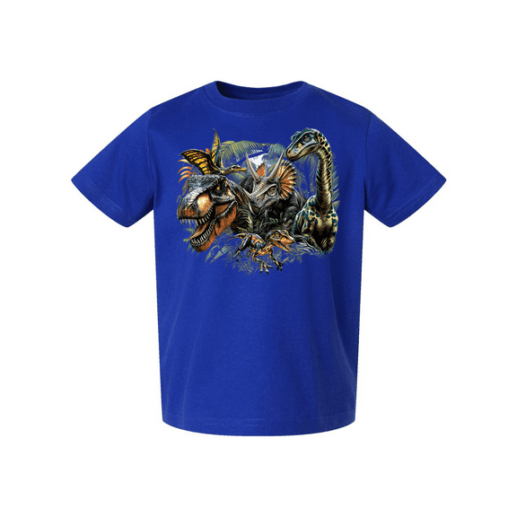 Trenz Shirt Company Youth Boys Graphic T-Shirt - T-Rex, Velociraptor, Brachiosaurus, Triceratops, Pterodactylus In Jungle Design-Royal-4t