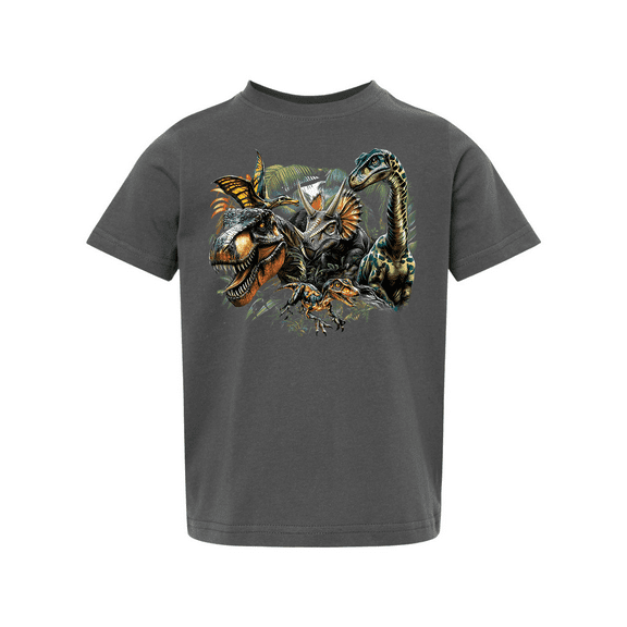 Trenz Shirt Company Youth Boys Graphic T-Shirt - T-Rex, Velociraptor, Brachiosaurus, Triceratops, Pterodactylus In Jungle Design-Slate-3t