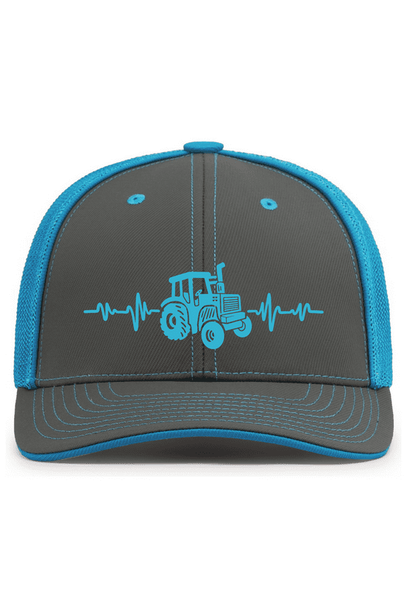 Youth Embroidered Flex Fit Trucker Cap - Tractor With Heartbeat Design, Graphite/Neon Blue