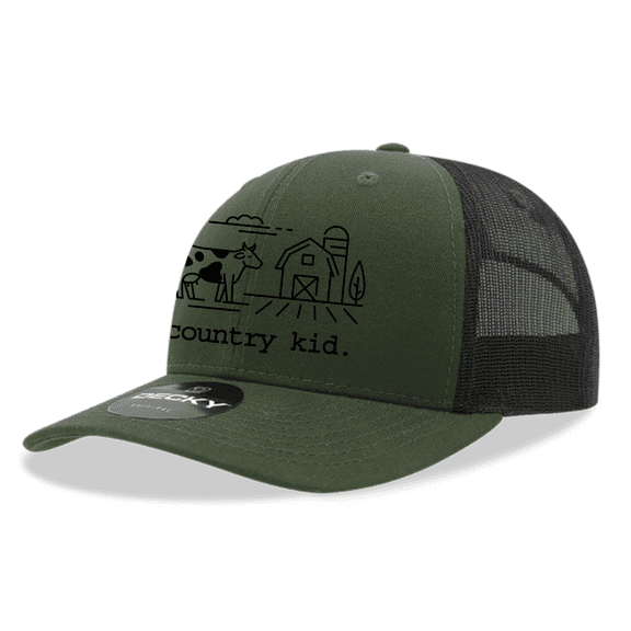 Trenz Shirt Company Youth Embroidered Mesh Back Trucker Hat - Country Kid, Cow, Barn Design, Loden/Black