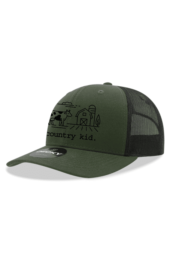 Youth Embroidered Mesh Back Trucker Hat - Country Kid, Cow, Barn Design, Loden/Black
