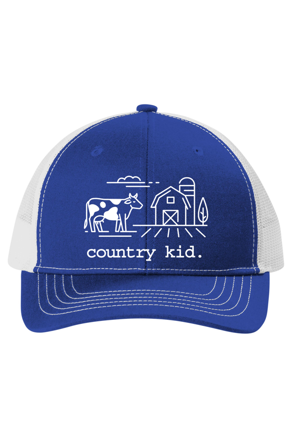 Youth Embroidered Mesh Back Trucker Hat - Country Kid, Cow, Barn Design, Royal/White