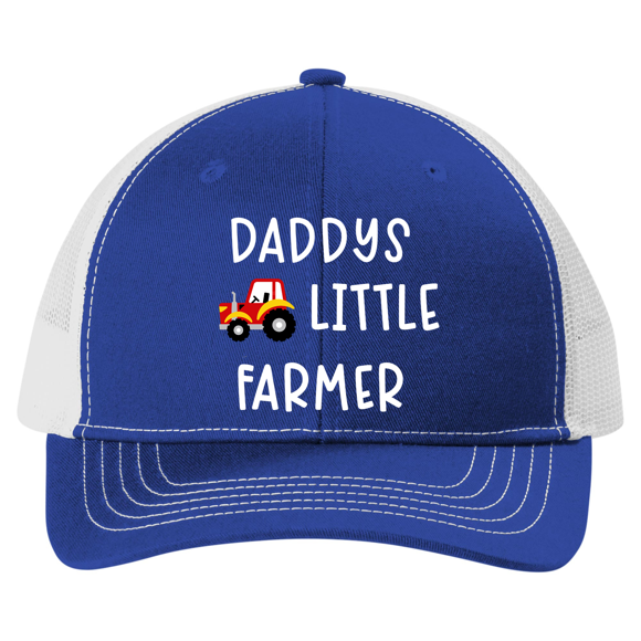 Youth Embroidered Mesh Back Trucker Hat - Red Tractor Daddy's Little Farmer Design, Royal/White