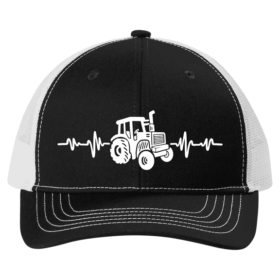 Trenz Shirt Company Youth Embroidered Mesh Back Trucker Hat - Tractor With Heartbeat Design, Black/White