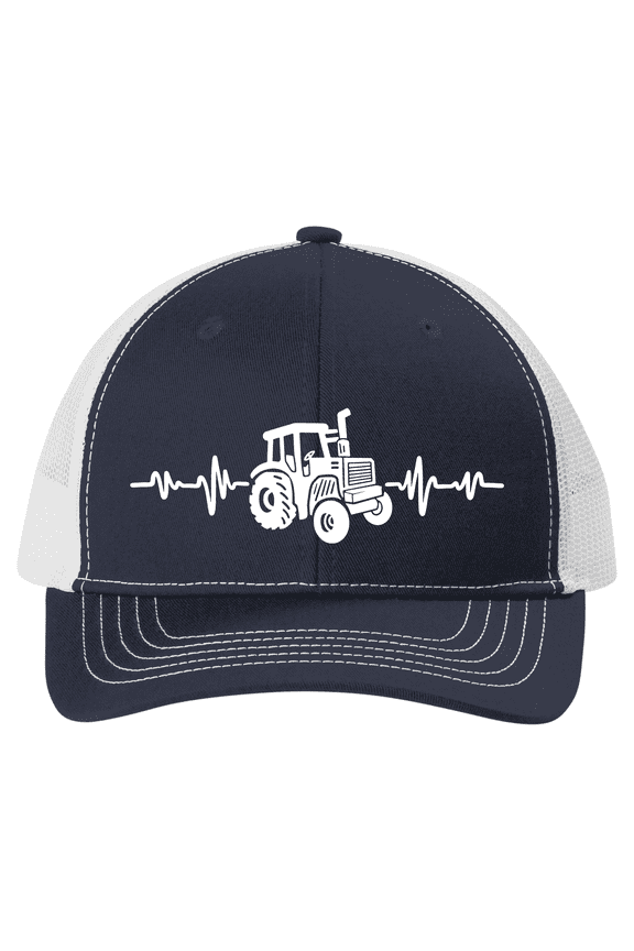 Youth Embroidered Mesh Back Trucker Hat - Tractor With Heartbeat Design, Navy/White
