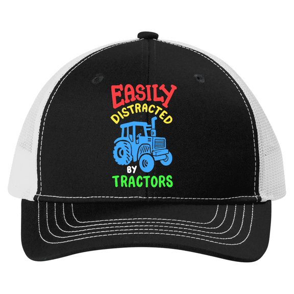 Trenz Shirt Company Youth Embroidered Snapback Boys Mesh Trucker Hat - Distracted by Tractors Colorful Design, Black/White