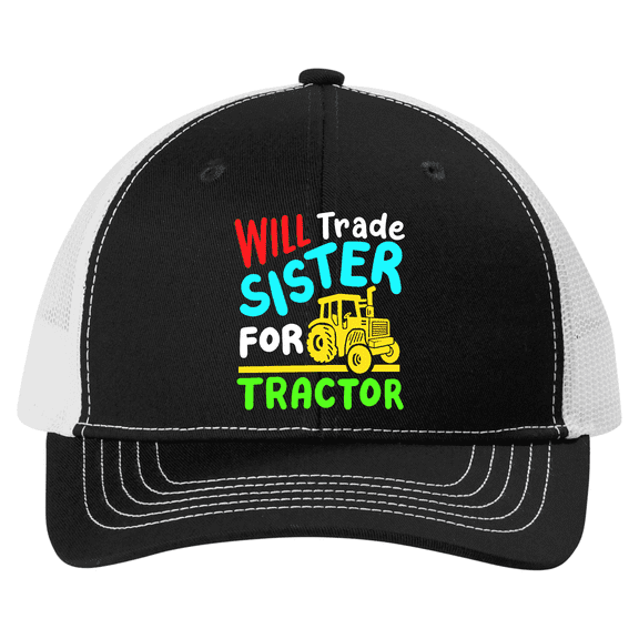 Trenz Shirt Company Youth Embroidered Snapback Boys Mesh Trucker Hat - Will Trade Sister For Tractor Design, Black/White