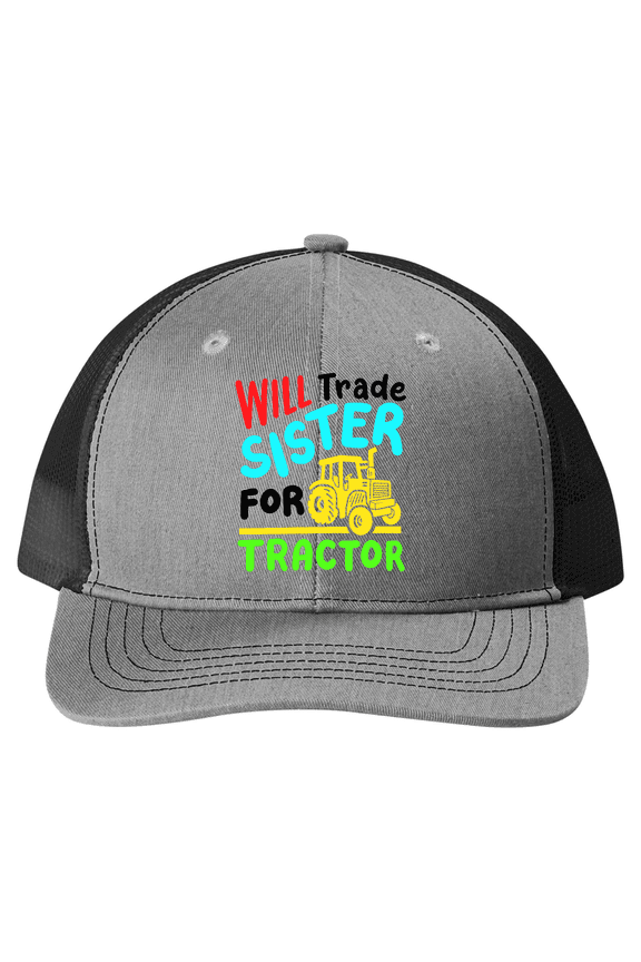 Youth Embroidered Snapback Boys Mesh Trucker Hat - Will Trade Sister For Tractor Design, Heather Grey/Black