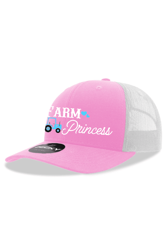Youth Embroidered Snapback Girls Mesh Trucker Hat - Farm Princess Design, Pink/White
