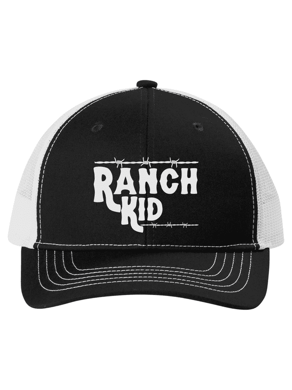 Youth Farmer Hat – Ranch Kid Barbwire Embroidered Trucker Cap for Boys, Mesh Back, Farming Fun, Black/White