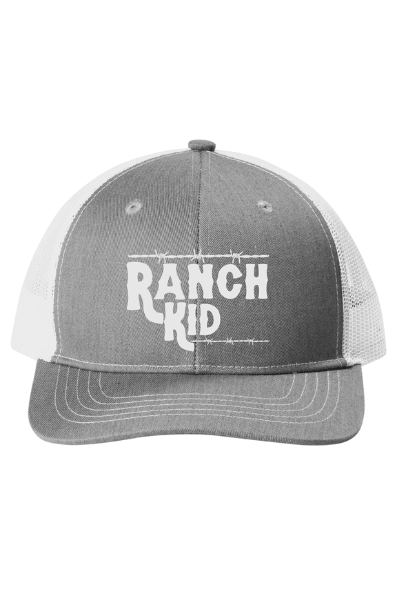 Youth Farmer Hat – Ranch Kid Barbwire Embroidered Trucker Cap for Boys, Mesh Back, Farming Fun, Heather Grey/White