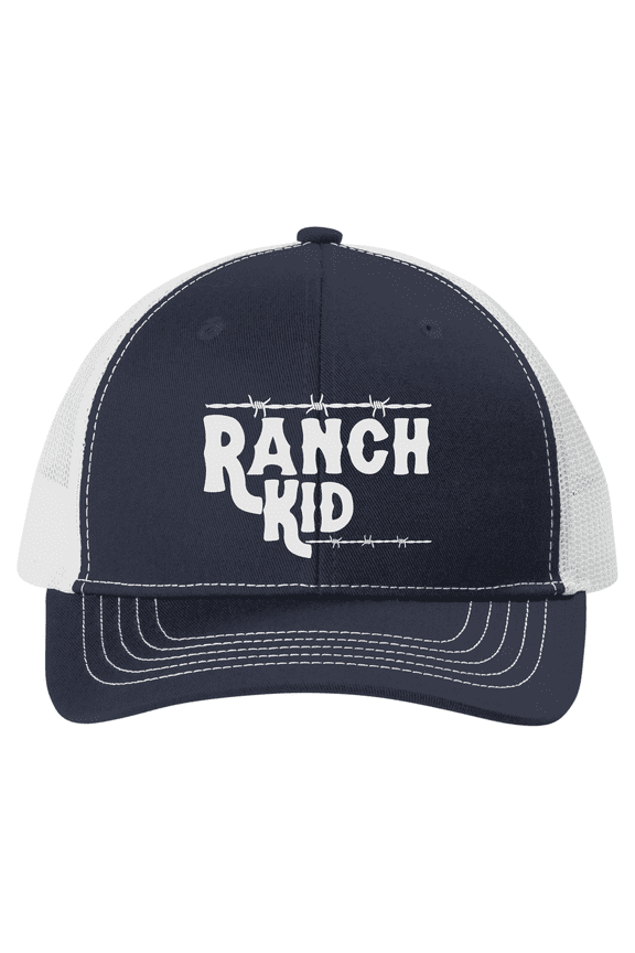 Youth Farmer Hat – Ranch Kid Barbwire Embroidered Trucker Cap for Boys, Mesh Back, Farming Fun, Navy/White