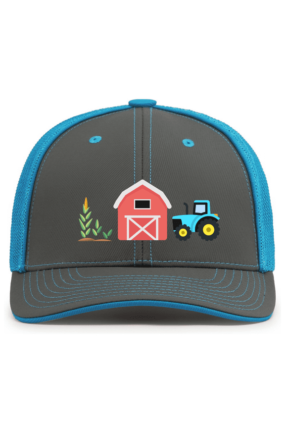 Youth Kids Embroidered Flex Fit Trucker Cap - Tractor, Farm, Field Corn Design, Graphite/Neon Blue
