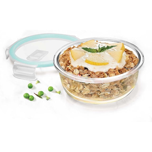 Treo By Milton Hi Borosilicate Clip Fresh Round Container, 1 Piece, 950 ml, Transparent | Air Tight | Microwave Safe | Oven Safe | Refrigerator Safe | BPA Free | Stackable | Dishwasher Safe