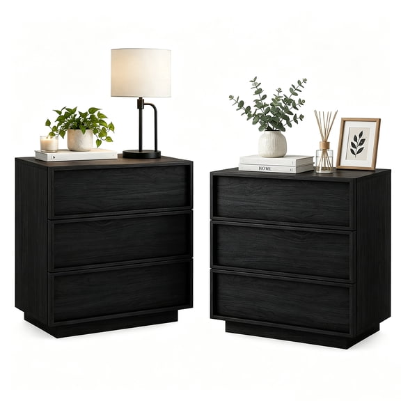 Treocho 24" Wooden Nightstand with 3 Drawers Set of 2 with Concealed Handles, Black