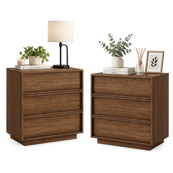 Treocho 24" Wooden Nightstand with 3 Drawers Set of 2 with Concealed Handles, Walnut