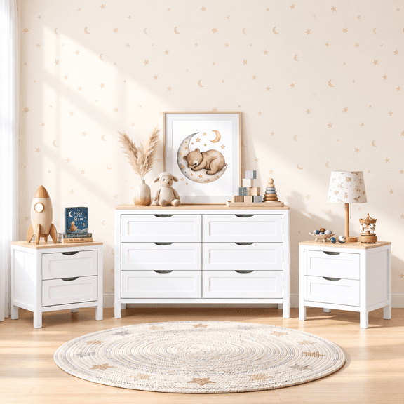 Treocho 3-Piece Bedroom Set, 6 Drawer Dresser & 2 Nightstands, Bedroom Storage, White