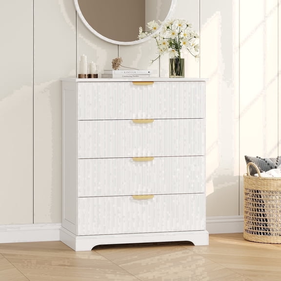 Treocho 4 Drawer Dresser, 36.6" Tall Wooden Chest of Drawers for Bedroom, Modern Fluted Design with Gold Metal Handles, White