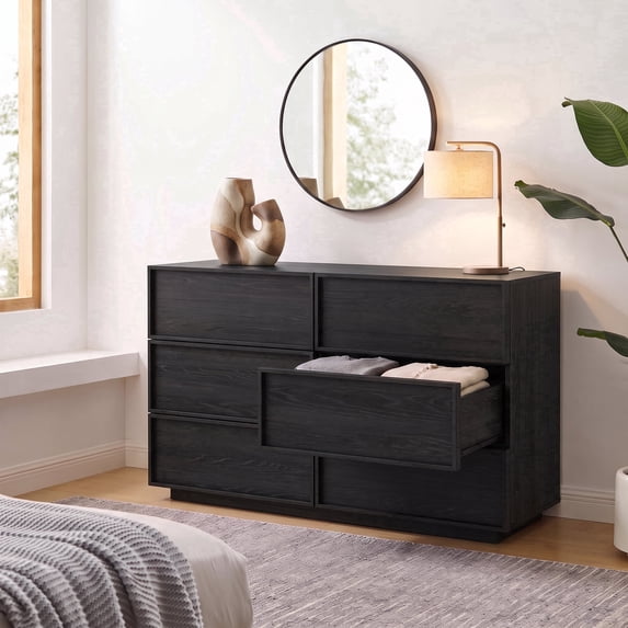Treocho 6 Drawer Dresser for Bedroom, 47" Wooden, with Concealed Handle, Modern, Black