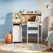 Treocho Kids Desk and Chair Set 35.4w", Tiltable Desktop, Corkboard, Ages 5-12, Oak