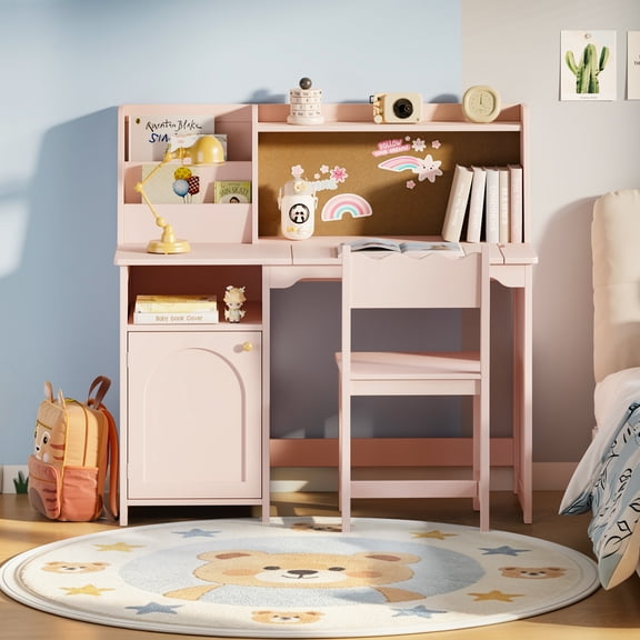 Treocho Kids Desk and Chair Set 41.3", Tiltable Desktop, Corkboard, Ages 5-12, Pink