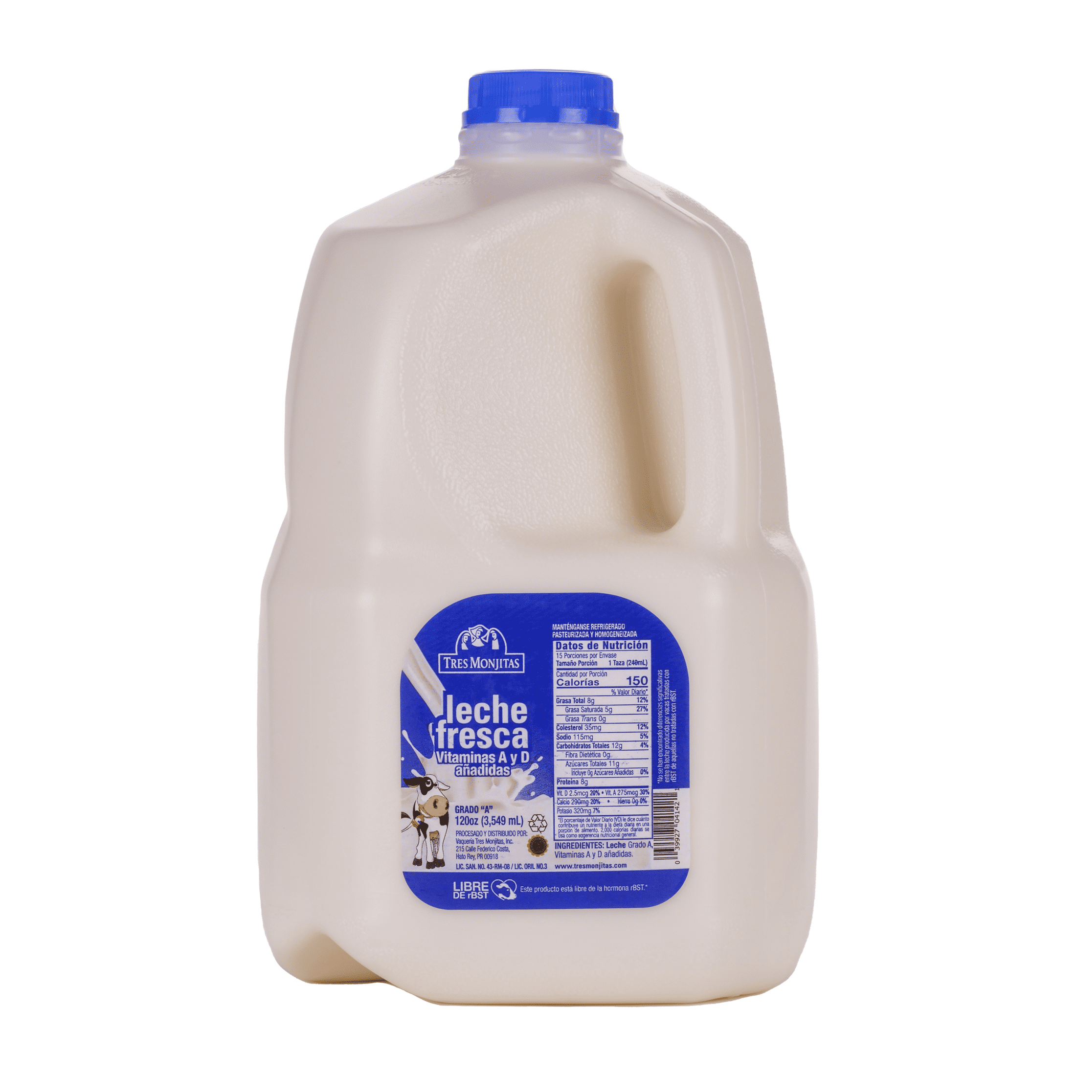 Tres Monjitas Fresh MilkLeche Fresca 120 oz Gallon,Regular, rBST Free