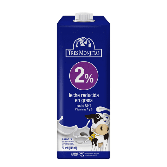 Tres Monjitas Reduced Fat 2% Cow Milk 32oz, Utra-Pasteurized Carton Shelf-Stable