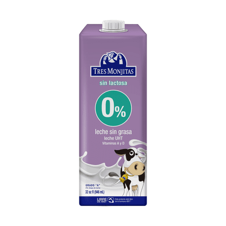 Tres Monjitas Uht Milk Lactose Free 0% 32oz, Cardboard Carton, R-BST Free