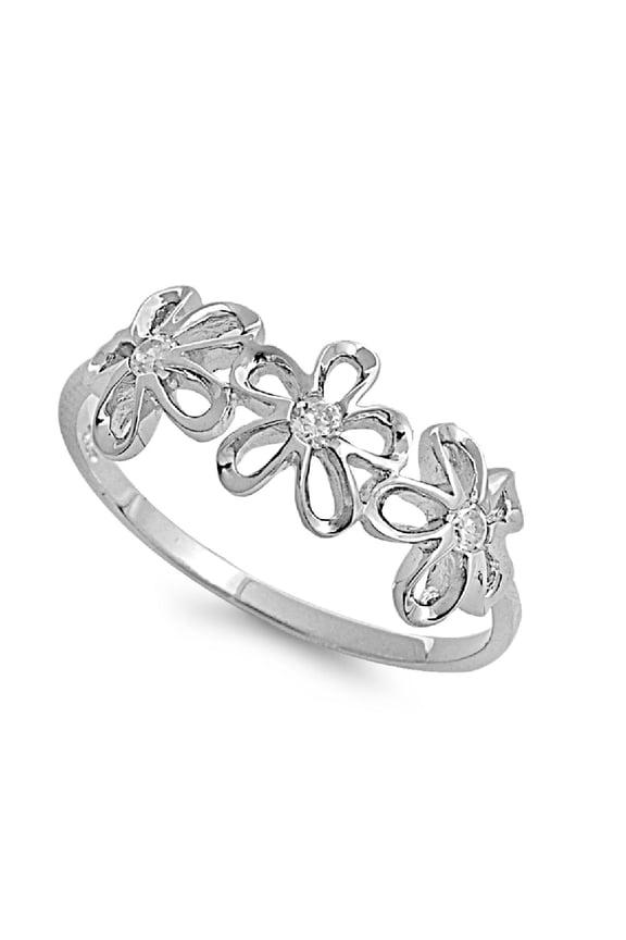 Tres Plumeria Flower Cubic Zirconia Ring Sterling Silver 925