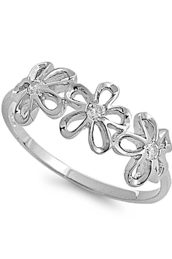 Tres Plumeria Flower Cubic Zirconia Ring Sterling Silver 925