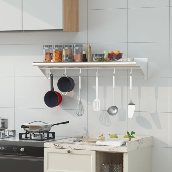 Treshin Stainless Steel Shelf with 4 Hooks 14 x 24 Inches, Commercial Wall Mount Floating Shelving Storage Pot Rack for Restaurant, Kitchen, Home, Bar and Hotel