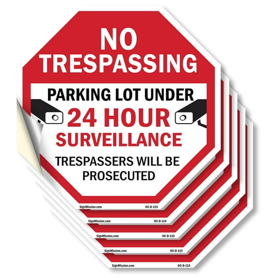 No Trespassing Parking Lot Under 24 Hour Surveillance Trespassers Will Be Prosecuted (5 Pack) 6 inch X 6 inch Octagon Vinyl Label Decal Sticker Weather Resistant, UV Protected, Made in