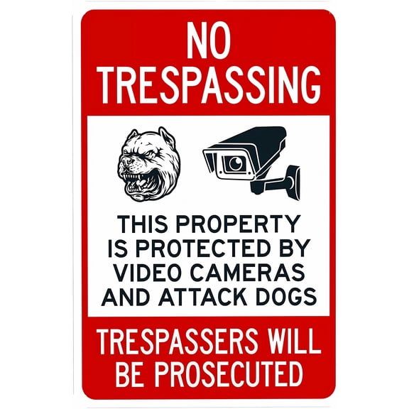 No Trespassing This Property is Protected by Video Cameras and Attack Dogs Warning Sign, Security Metal Sign - 8"x12" Personalized Caution Decor for Office Yard Street Road Home Wall