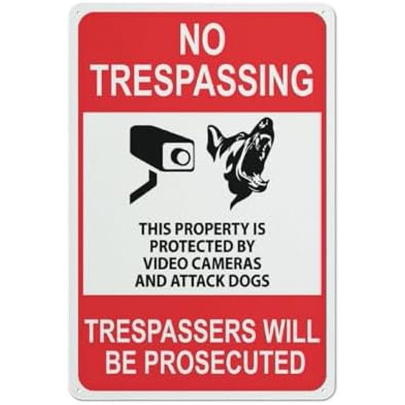 No Trespassing This Property Is Protected By Video Cameras And Attack Sign Metal Signs 12X8 Inch Rust Free Aluminum,Uv Ink Printing,Durable/Weatherproof Outdoor For Home