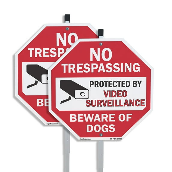 No Trespassing Protected by Video Surveillance Beware of Dogs (2 Pack) 10 inch X 10 inch Octagon Plastic Signs with Aluminum Mounting Stakes Weather Resistant UV Protected for Workplace