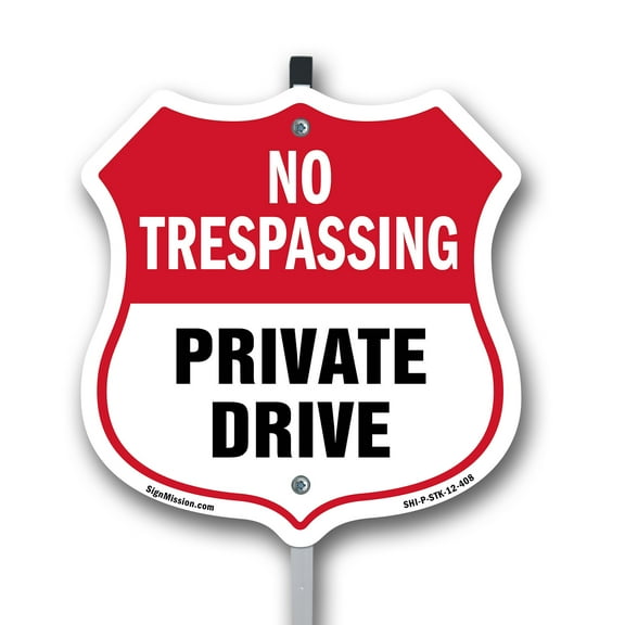 No Trespassing Shield Sign Private Drive 12 inch X 12 inch Shield Shaped Commercial Grade Plastic Sign with Aluminum Mounting Stake Weather Resistant, UV Protected for Workplace Made in